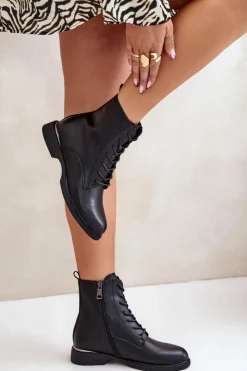 Hot Botki Workery Ocieplane Damskie Skóra Naturalna Vinceza 66691 Czarne Damskie Botki Sznurowane|Czarne Botki