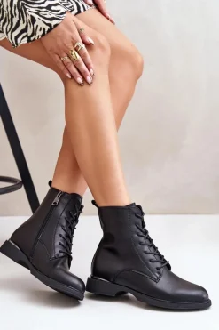 Hot Botki Workery Ocieplane Damskie Skóra Naturalna Vinceza 66691 Czarne Damskie Botki Sznurowane|Czarne Botki