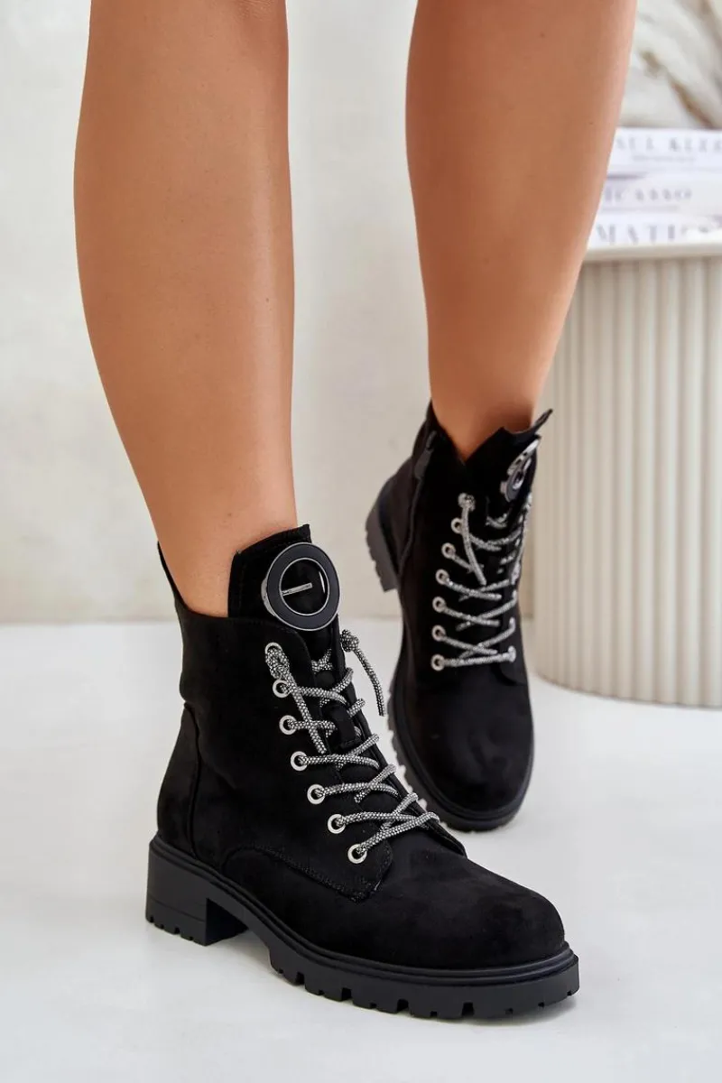 Best Botki Workery Ocieplane Z Ozdobnym Sznurowaniem Vinceza 16465 Czarne Damskie Botki Ocieplane|Botki Sznurowane