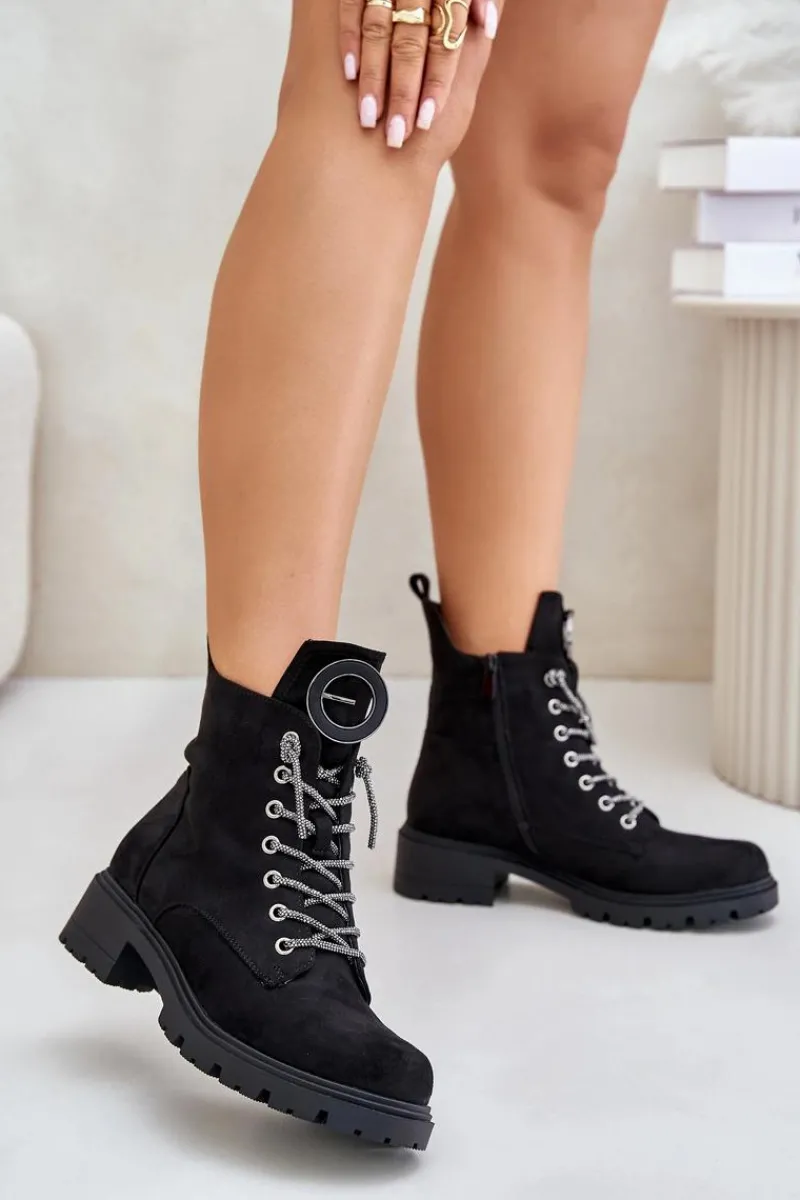 Best Botki Workery Ocieplane Z Ozdobnym Sznurowaniem Vinceza 16465 Czarne Damskie Botki Ocieplane|Botki Sznurowane