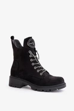 Best Botki Workery Ocieplane Z Ozdobnym Sznurowaniem Vinceza 16465 Czarne Damskie Botki Ocieplane|Botki Sznurowane