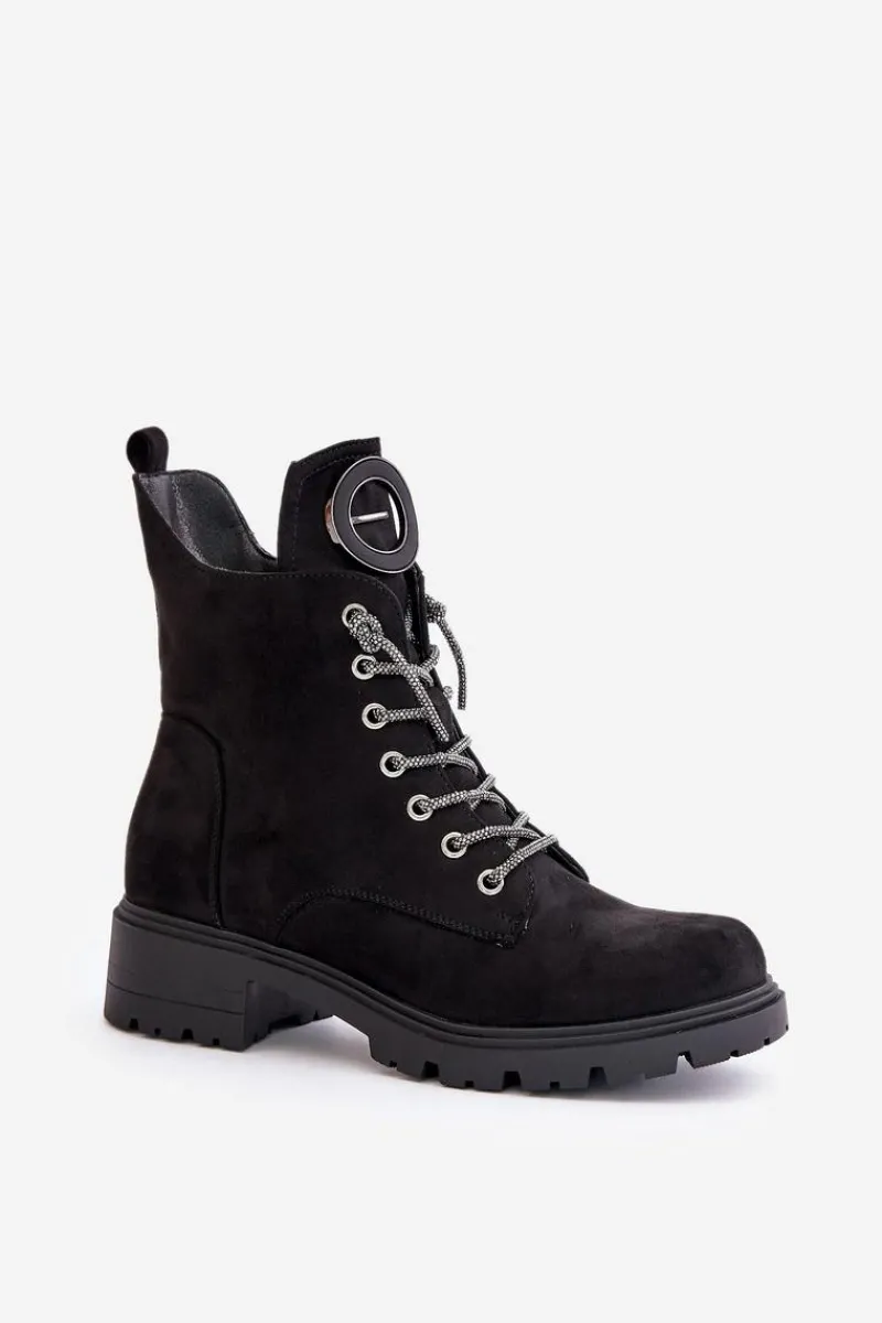 Best Botki Workery Ocieplane Z Ozdobnym Sznurowaniem Vinceza 16465 Czarne Damskie Botki Ocieplane|Botki Sznurowane