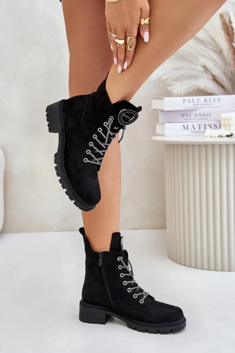 Best Botki Workery Ocieplane Z Ozdobnym Sznurowaniem Vinceza 16465 Czarne Damskie Botki Ocieplane|Botki Sznurowane