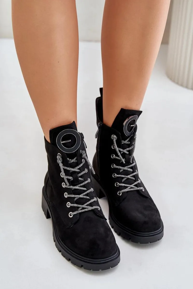 Best Botki Workery Ocieplane Z Ozdobnym Sznurowaniem Vinceza 16465 Czarne Damskie Botki Ocieplane|Botki Sznurowane