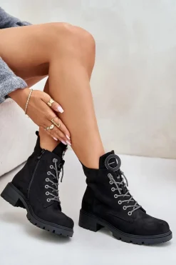 Best Botki Workery Ocieplane Z Ozdobnym Sznurowaniem Vinceza 16465 Czarne Damskie Botki Ocieplane|Botki Sznurowane