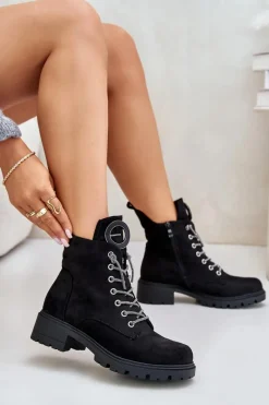 Best Botki Workery Ocieplane Z Ozdobnym Sznurowaniem Vinceza 16465 Czarne Damskie Botki Ocieplane|Botki Sznurowane