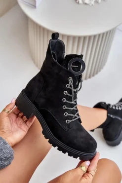 Best Botki Workery Ocieplane Z Ozdobnym Sznurowaniem Vinceza 16465 Czarne Damskie Botki Ocieplane|Botki Sznurowane