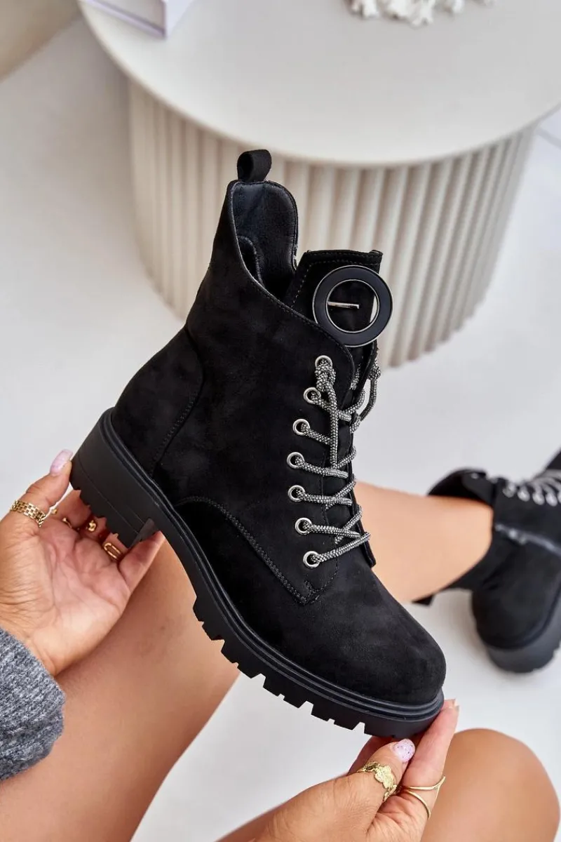 Best Botki Workery Ocieplane Z Ozdobnym Sznurowaniem Vinceza 16465 Czarne Damskie Botki Ocieplane|Botki Sznurowane