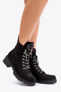 Best Botki Workery Ocieplane Z Ozdobnym Sznurowaniem Vinceza 16465 Czarne Damskie Botki Ocieplane|Botki Sznurowane