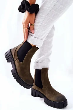 Outlet Botki Workery Trapery Ocieplane Sergio Leone TR761 Zielone Damskie Czarne Botki|Botki Zimowe Damskie