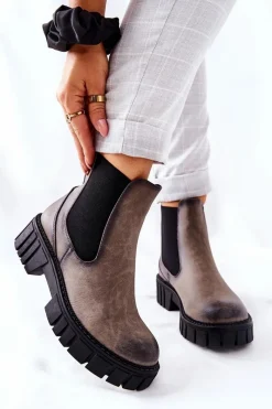 Czarne Botki|Botki Zimowe Damskie>Buty Sergio Leone Botki Workery Trapery Ocieplane Sergio Leone TR761 Szare