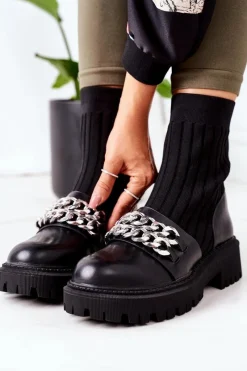 Czarne Botki|Botki Zimowe Damskie>Boto Botki Workery Z Łańcuchami Czarne Walk This Way