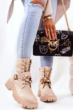 Outlet Boto Botki Workery Z Łańcuchem Beżowe Molisa