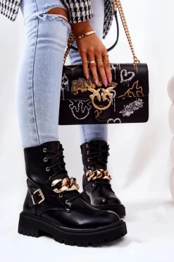 Best Botki Workery Z Łańcuchem Czarne Molisa Damskie Botki Sznurowane|Czarne Botki