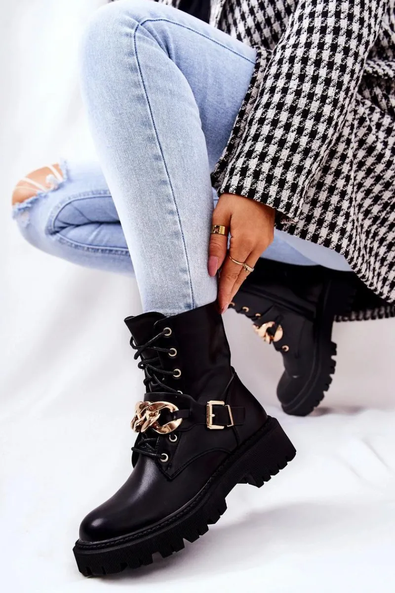 Best Botki Workery Z Łańcuchem Czarne Molisa Damskie Botki Sznurowane|Czarne Botki