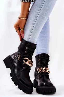 Best Botki Workery Z Łańcuchem Czarne Molisa Damskie Botki Sznurowane|Czarne Botki