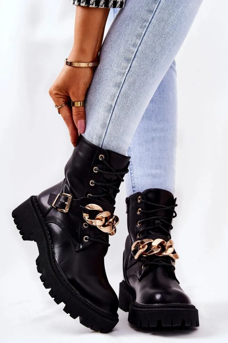 Best Botki Workery Z Łańcuchem Czarne Molisa Damskie Botki Sznurowane|Czarne Botki