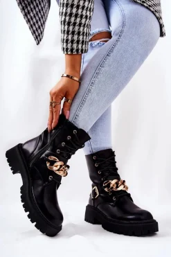 Best Botki Workery Z Łańcuchem Czarne Molisa Damskie Botki Sznurowane|Czarne Botki