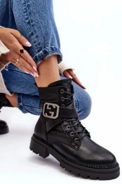 New Boto Botki Workery Z Łańcuchem Skórzane Czarne Gennee