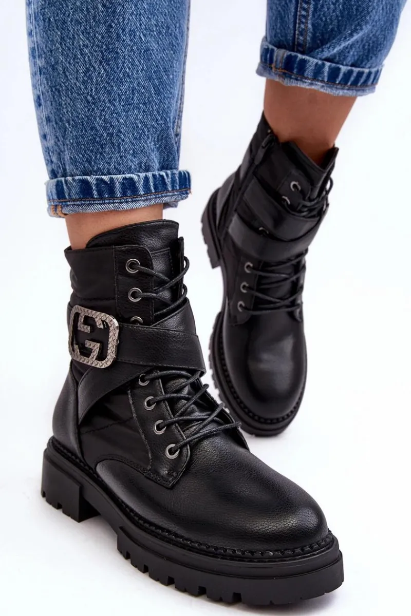 New Boto Botki Workery Z Łańcuchem Skórzane Czarne Gennee