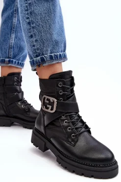 New Boto Botki Workery Z Łańcuchem Skórzane Czarne Gennee