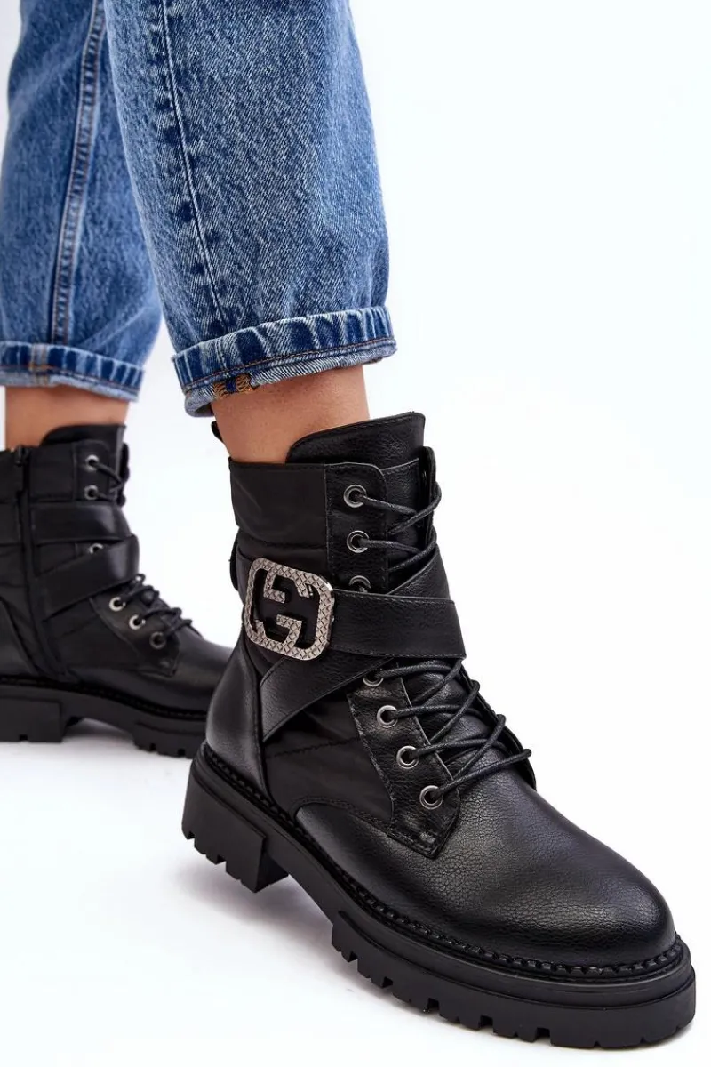 New Boto Botki Workery Z Łańcuchem Skórzane Czarne Gennee