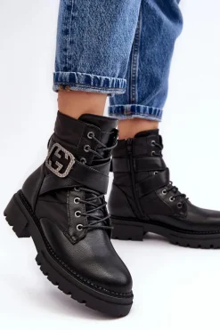 New Boto Botki Workery Z Łańcuchem Skórzane Czarne Gennee