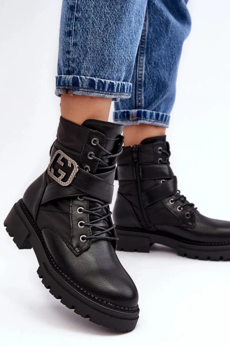 New Boto Botki Workery Z Łańcuchem Skórzane Czarne Gennee