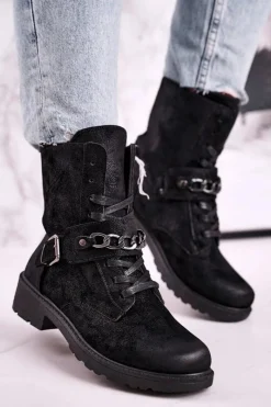 Outlet Boto Botki Workery Z Łańcuchem Zamszowe Czarne Augusta