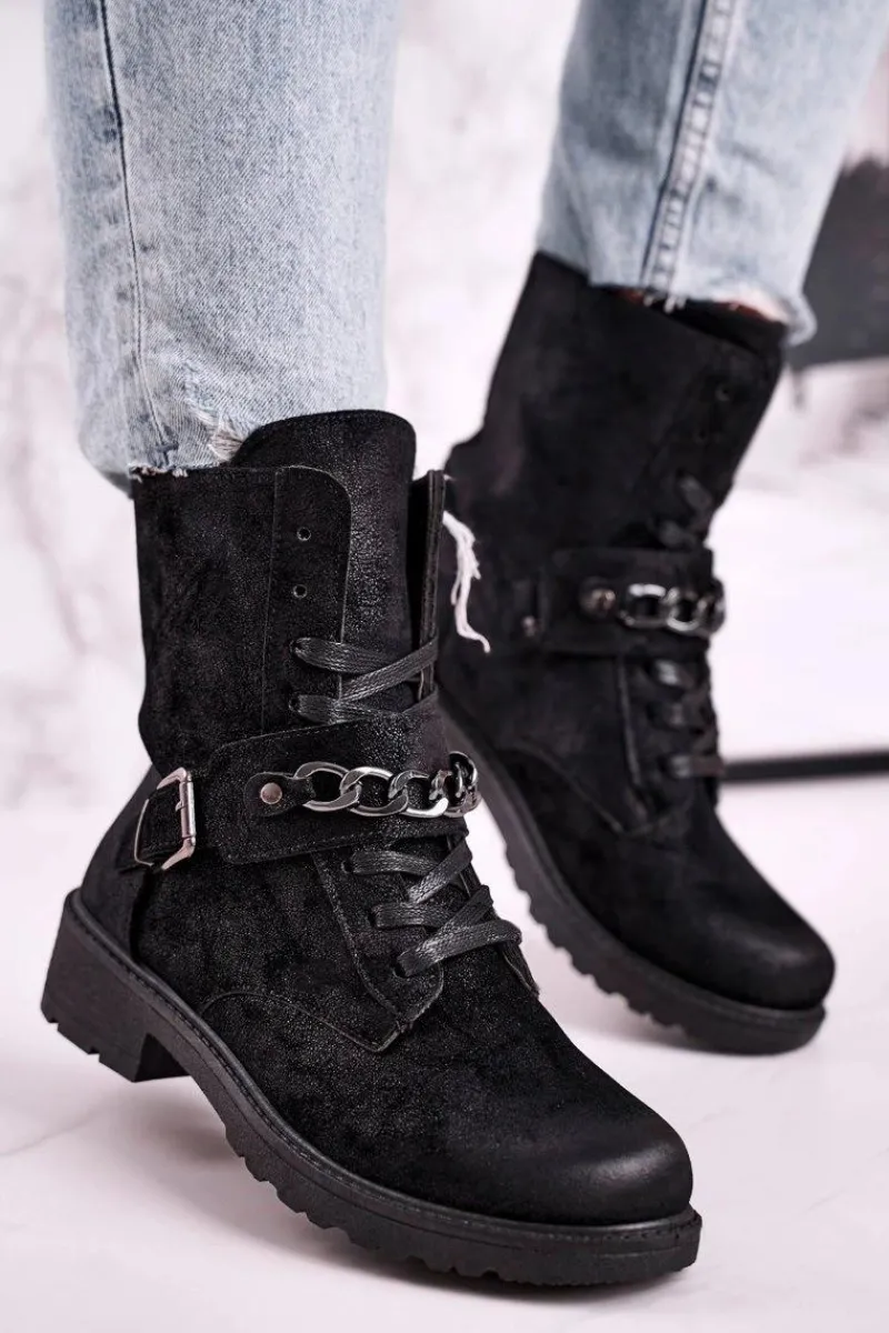 Outlet Boto Botki Workery Z Łańcuchem Zamszowe Czarne Augusta