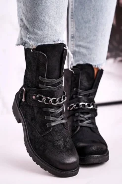 Outlet Boto Botki Workery Z Łańcuchem Zamszowe Czarne Augusta