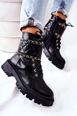 Outlet Boto Botki Workery Z Łańcuszkiem Czarne Caleanor