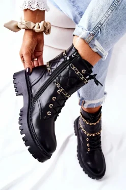 Outlet Boto Botki Workery Z Łańcuszkiem Czarne Caleanor