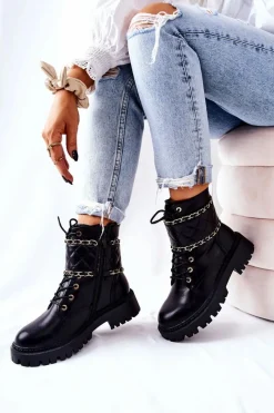 Outlet Boto Botki Workery Z Łańcuszkiem Czarne Caleanor