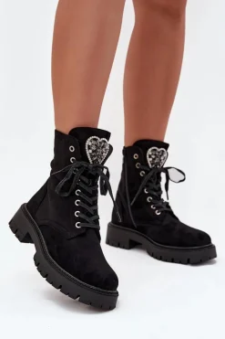 Best Boto Botki Workery Z Biżuteryjną Ozdobą Ocieplane Eko Zamszowe Czarne Miryssa Czarny