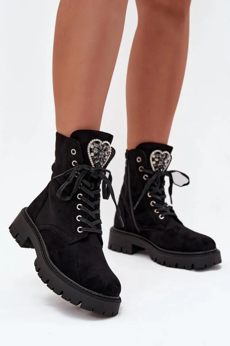 Best Boto Botki Workery Z Biżuteryjną Ozdobą Ocieplane Eko Zamszowe Czarne Miryssa Czarny