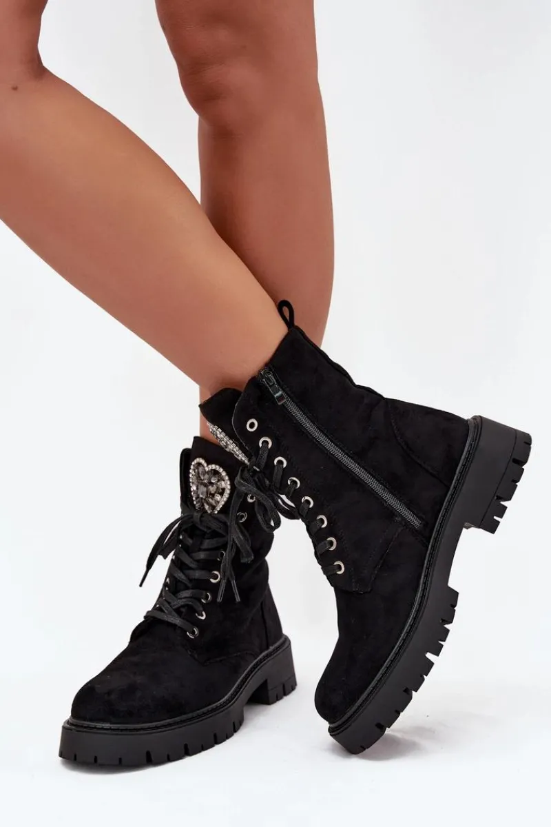 Best Boto Botki Workery Z Biżuteryjną Ozdobą Ocieplane Eko Zamszowe Czarne Miryssa Czarny