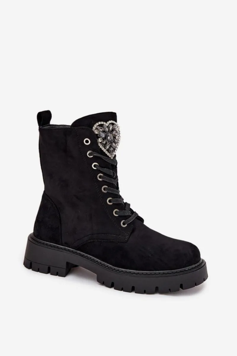 Best Boto Botki Workery Z Biżuteryjną Ozdobą Ocieplane Eko Zamszowe Czarne Miryssa Czarny