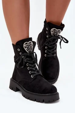 Best Boto Botki Workery Z Biżuteryjną Ozdobą Ocieplane Eko Zamszowe Czarne Miryssa Czarny