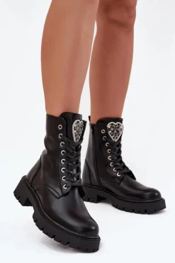 Botki Ocieplane|Botki Sznurowane>Boto Botki Workery Z Biżuteryjną Ozdobą Ocieplane Eko Skórzane Czarne Miryssa Czarny