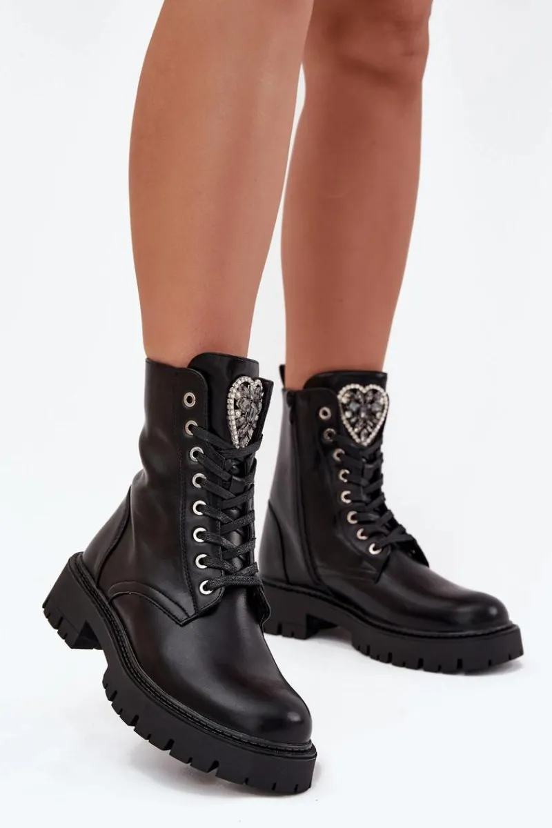 Botki Ocieplane|Botki Sznurowane>Boto Botki Workery Z Biżuteryjną Ozdobą Ocieplane Eko Skórzane Czarne Miryssa Czarny