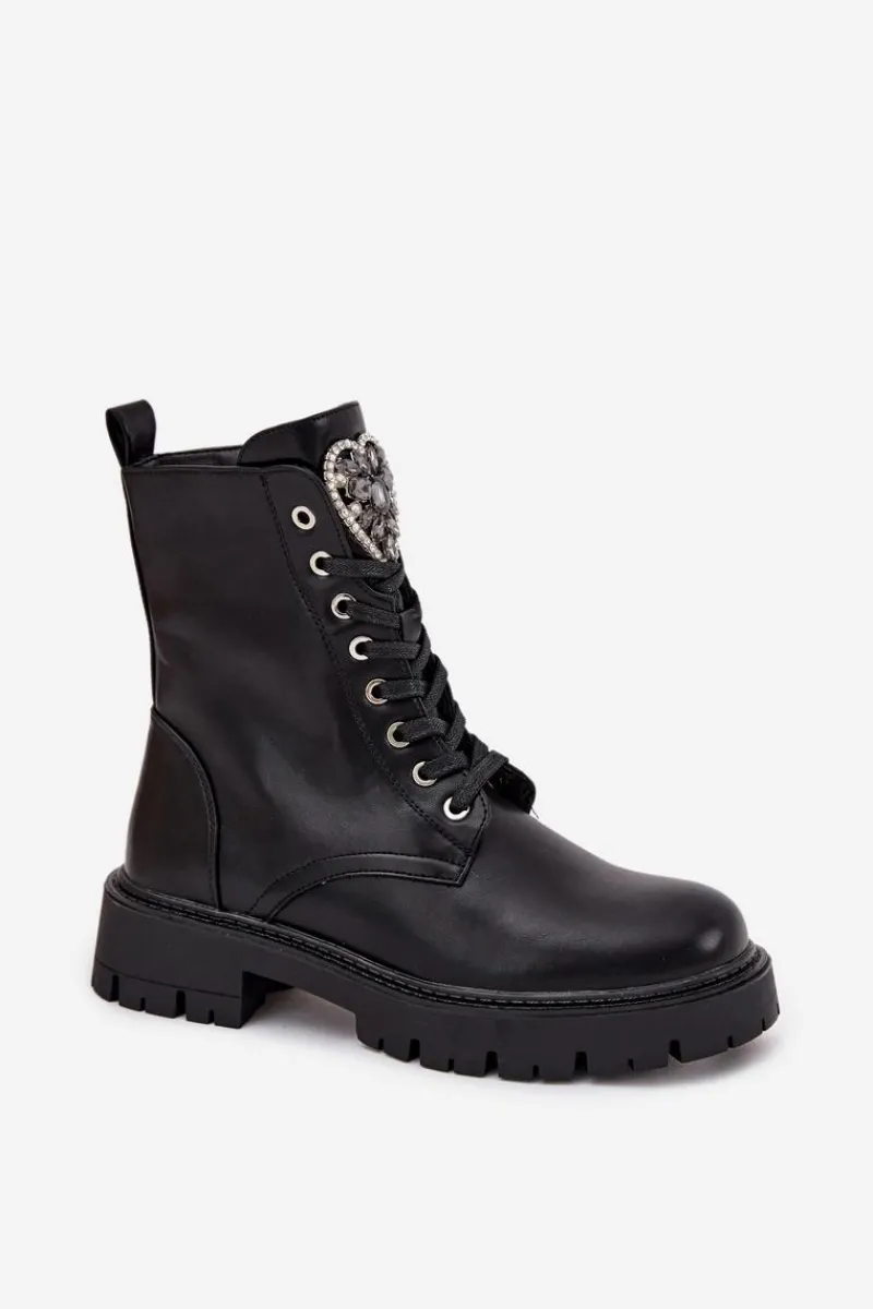Botki Ocieplane|Botki Sznurowane>Boto Botki Workery Z Biżuteryjną Ozdobą Ocieplane Eko Skórzane Czarne Miryssa Czarny
