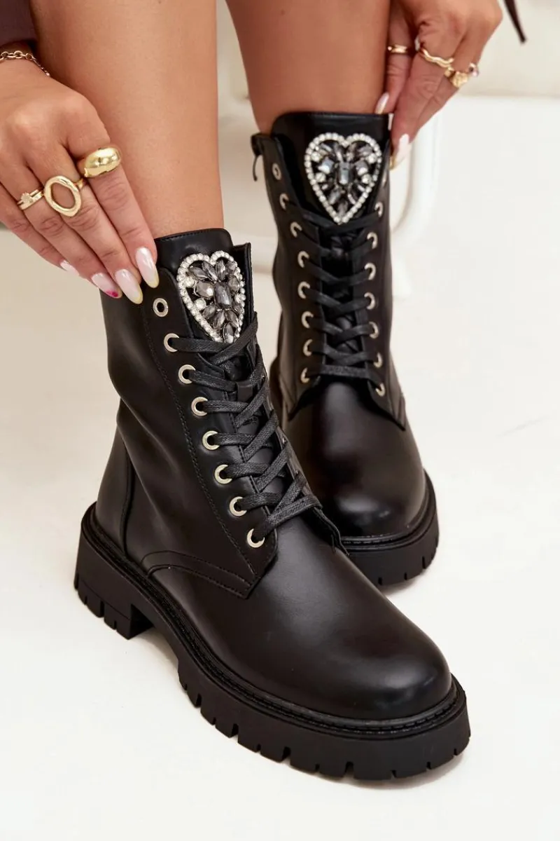 Botki Ocieplane|Botki Sznurowane>Boto Botki Workery Z Biżuteryjną Ozdobą Ocieplane Eko Skórzane Czarne Miryssa Czarny