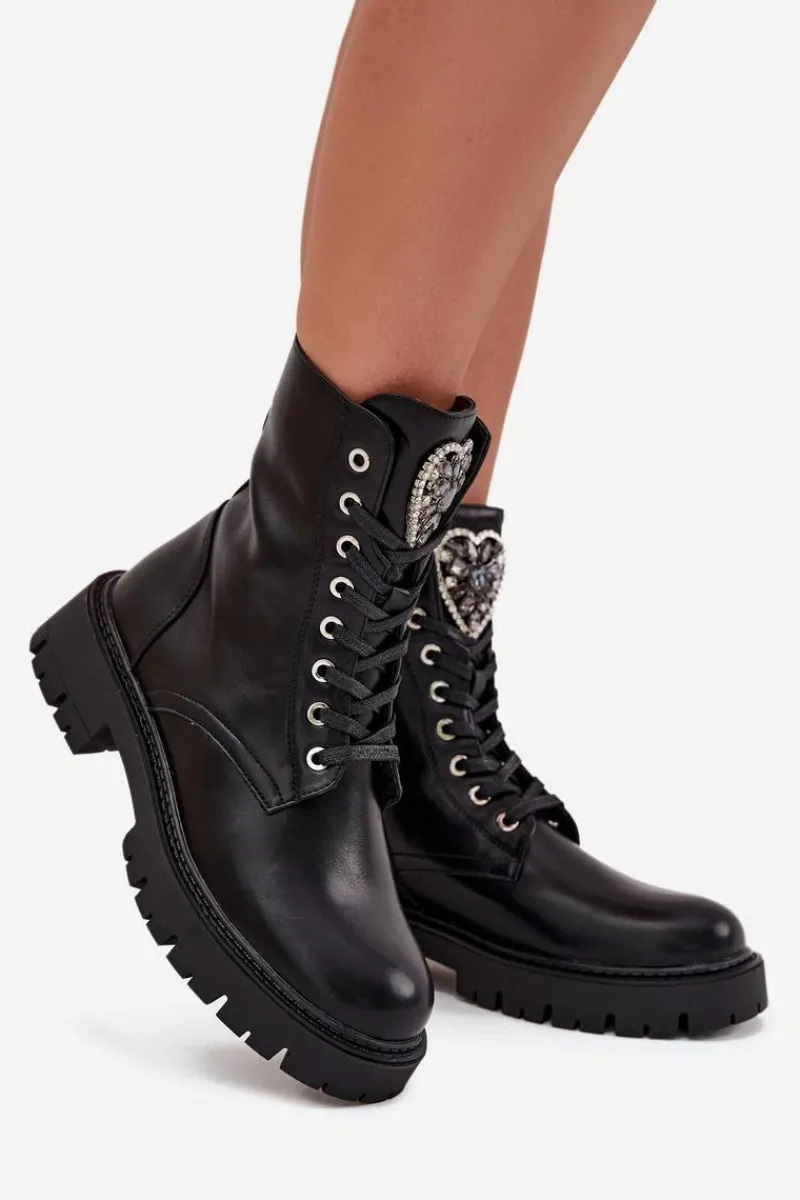 Botki Ocieplane|Botki Sznurowane>Boto Botki Workery Z Biżuteryjną Ozdobą Ocieplane Eko Skórzane Czarne Miryssa Czarny