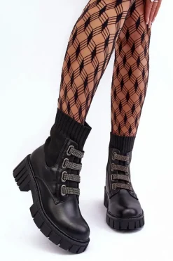 Botki Workery Z Elastyczną Cholewką Czarne Kasseis Damskie Damskie Trapery|Czarne Botki