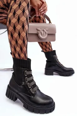 Botki Workery Z Elastyczną Cholewką Czarne Kasseis Damskie Damskie Trapery|Czarne Botki