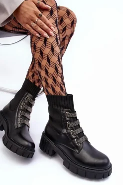 Botki Workery Z Elastyczną Cholewką Czarne Kasseis Damskie Damskie Trapery|Czarne Botki