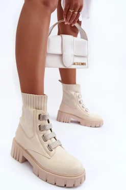 Clearance Boto Botki Workery Z Elastyczną Cholewką Beżowe Kasseis