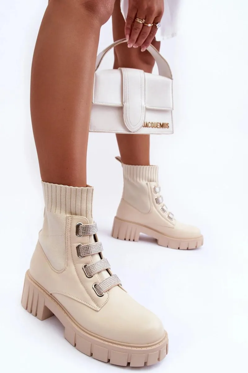 Clearance Boto Botki Workery Z Elastyczną Cholewką Beżowe Kasseis