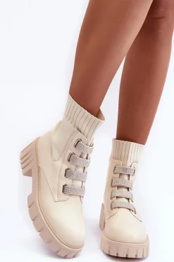 Clearance Boto Botki Workery Z Elastyczną Cholewką Beżowe Kasseis